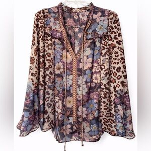 Mystree Blouse multicolor long bell sleeves size S tie v-neck boho